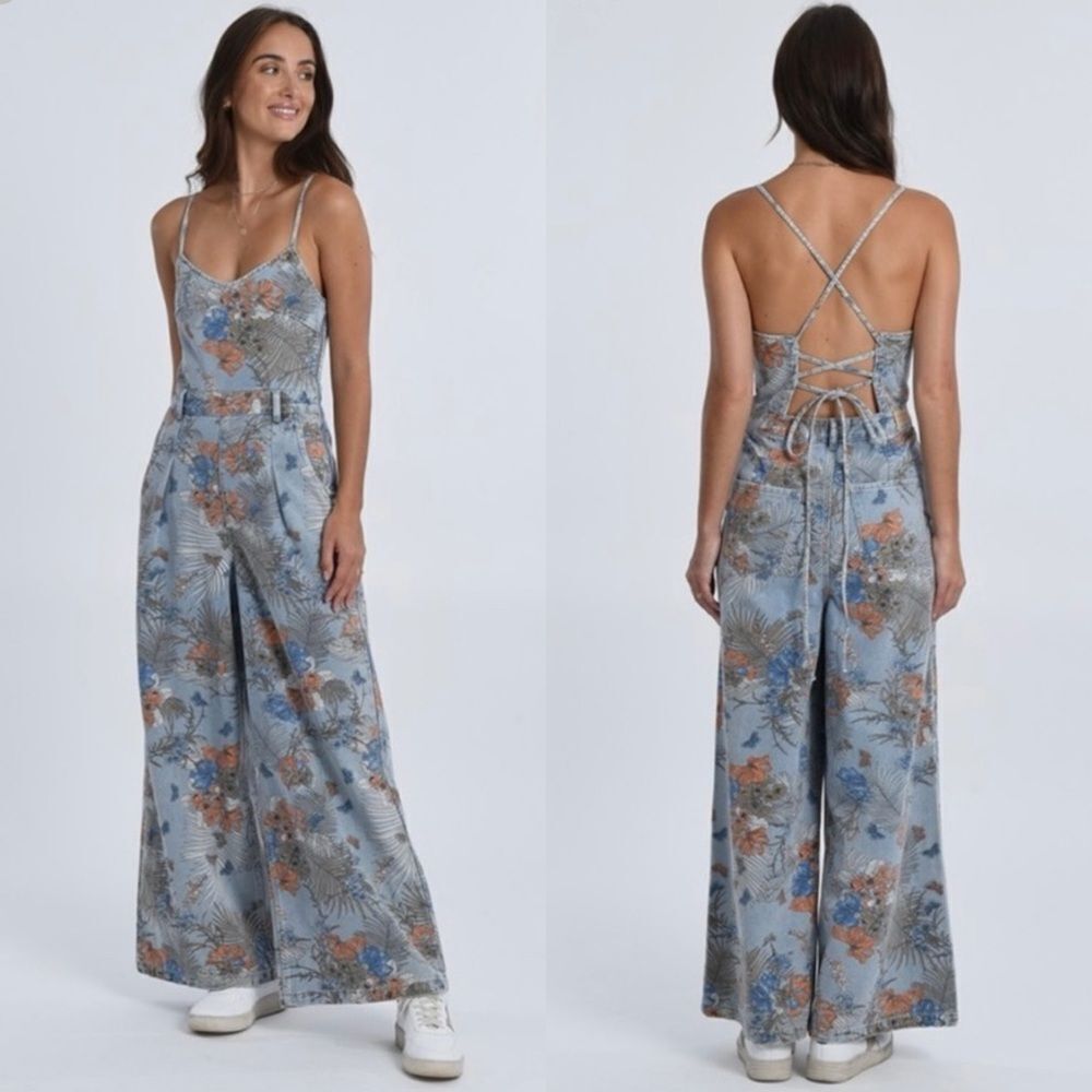 NWOT Molly Bracken Floral Butterfly Printed Denim Jumpsuit